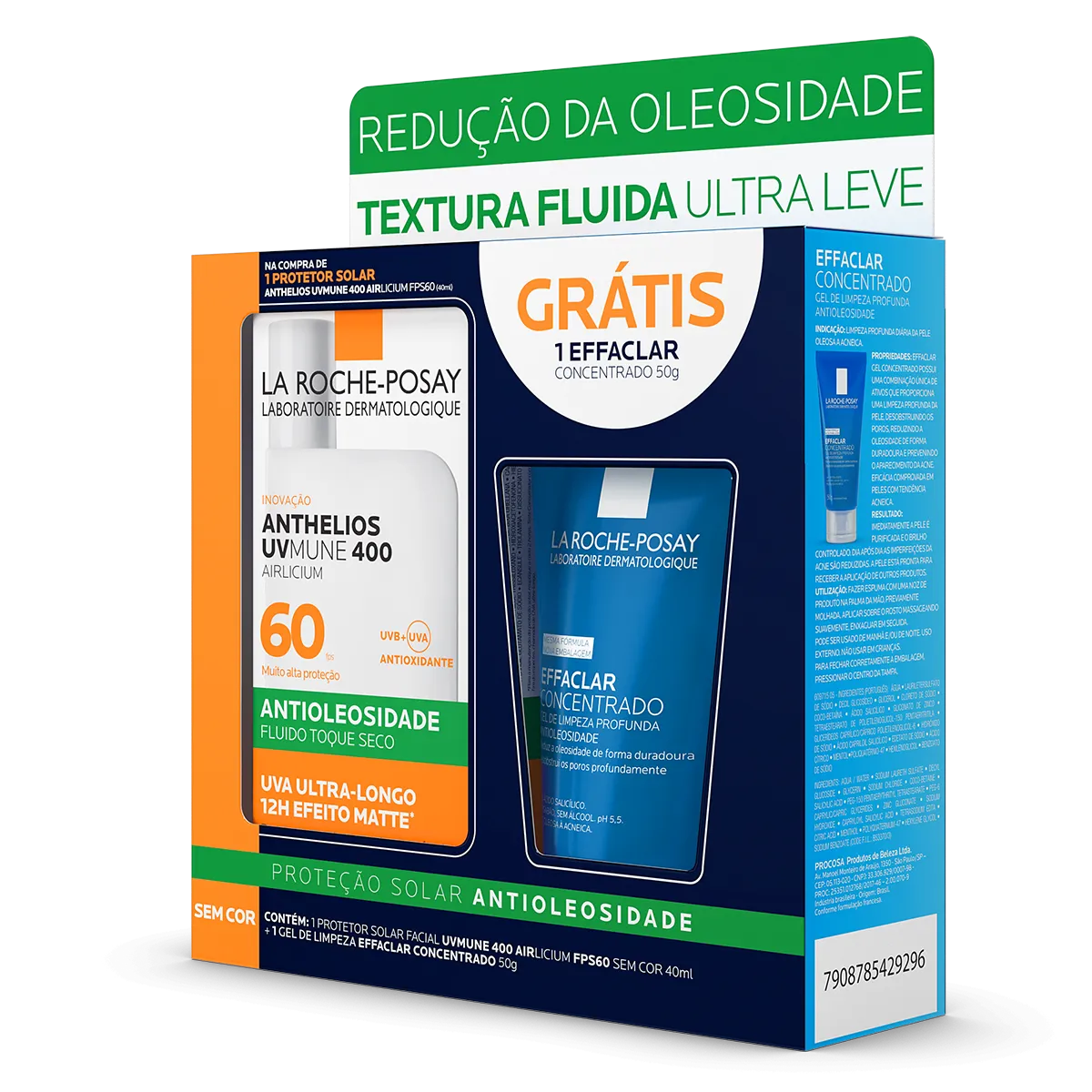 Kit La Roche-Posay Protetor Solar Facial Anthelios UVMune 400 Airlcium Antioleosidade FPS60 50ml + Gel de Limpeza Facial Effaclar Concentrado 50g