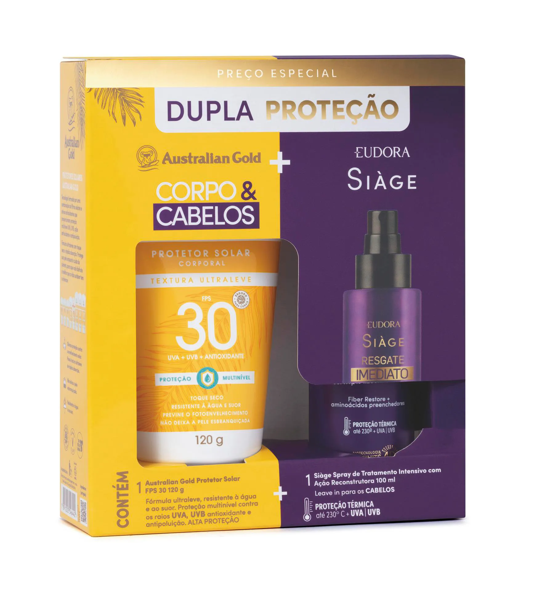 Kit Protetor Solar Corporal Australian Gold Alta Proteção FPS 30 120g + Leave-In Eudora Siàge Resgate Imediato 100ml