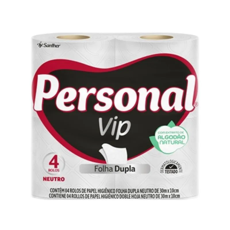 Papel Higiênico Personal Vip Folha Dupla Neutro 30m 16 Embalagens com 4 unidades