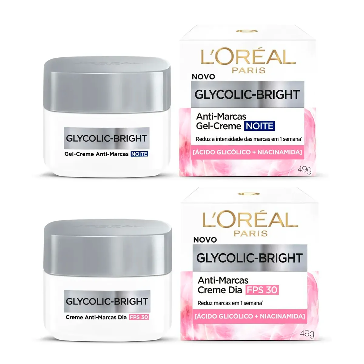 Kit L'Oreal Paris Anti-Marcas Glycolic-Bright - Creme Dia FPS30 + Gel-Creme Noite