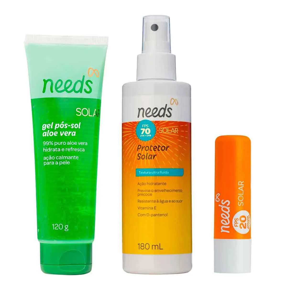 Kit Protetor Solar Needs Spray Corporal FPS 70 180ml + Labial FPS 20 3,6g + Gel Pós-sol 120g