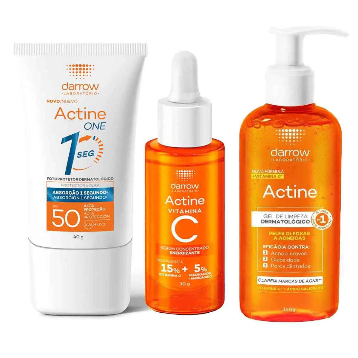 Kit Darrow Actine Gel de Limpeza 140g + Sérum Concentrado Energizante Vitamina C 30g + Protetor Solar Facial One FPS 50 Sem Cor 40g
