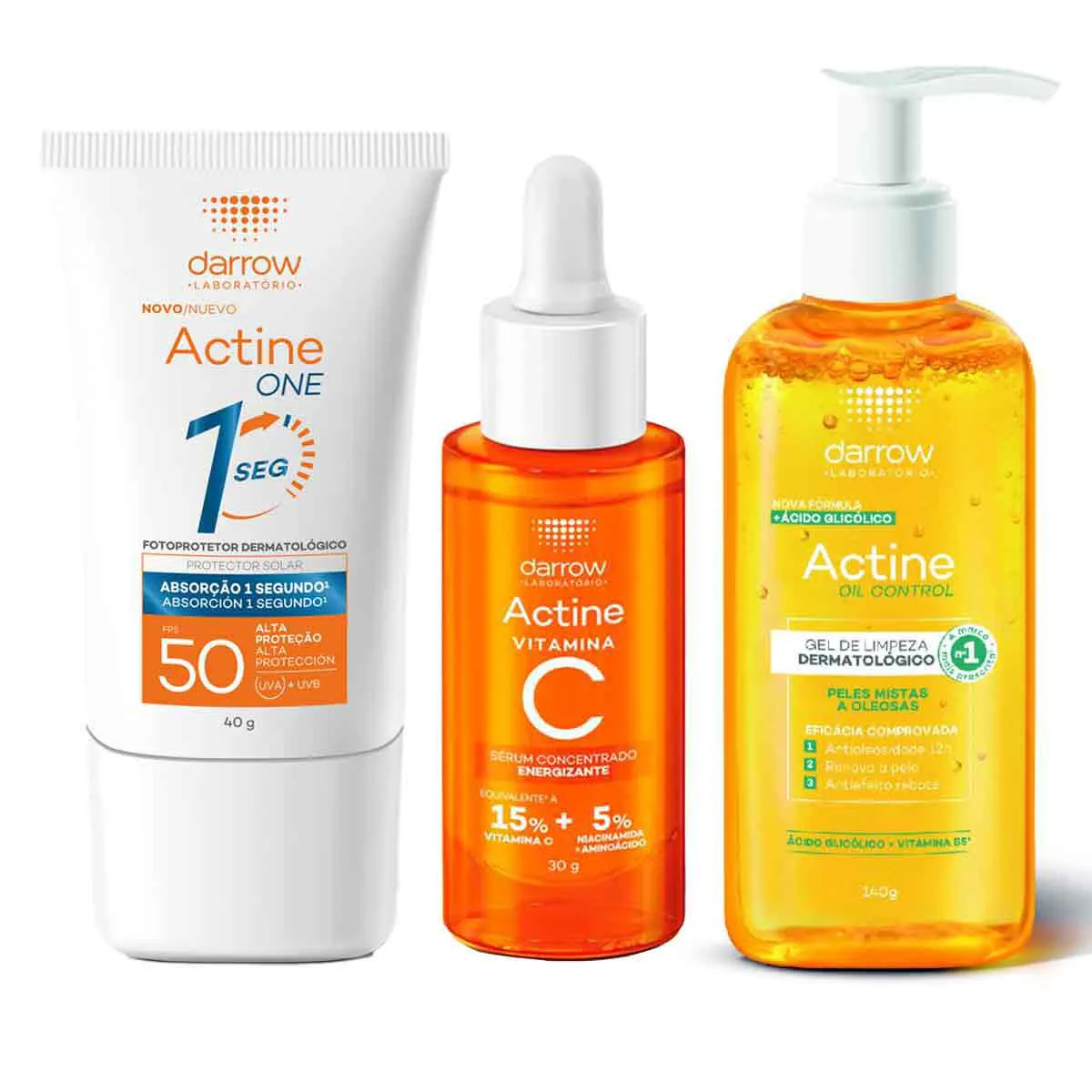 Kit Actine Gel de Limpeza Facial Oil Control Peles Mistas a Oleosas + Sérum Concentrado Energizante Vitamina C + Protetor Solar Facial Darrow One FPS 50 Sem Cor