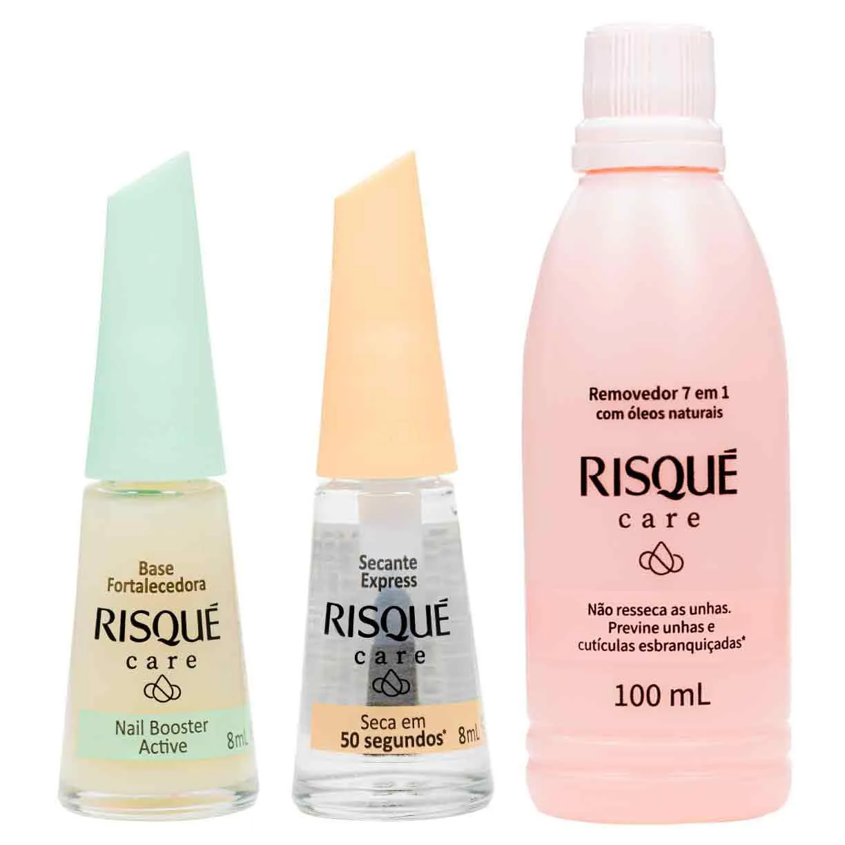Kit Risqué Care Secante Express + Removedor de Esmalte 7 em 1 + Base Fortalecedora para Unhas