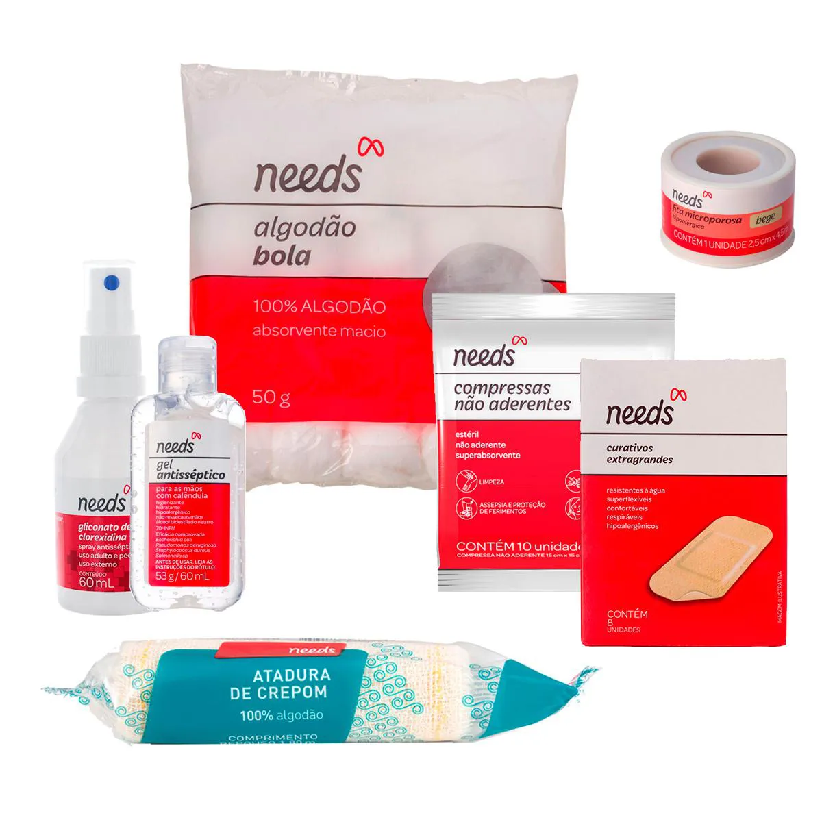 Kit Needs Primeiros Socorros Gaze + Atadura + Spray Antisséptico + Curativo + Fita Microporosa + Álcool em Gel + Algodão