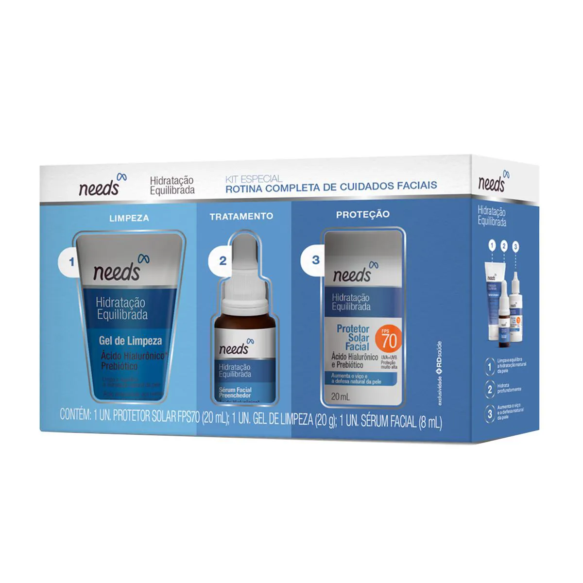 Kit Facial Needs Mini Hidratação Equilibrada Protetor Solar FPS 70 20ml + Gel de Limpeza 20g + Sérum 10ml