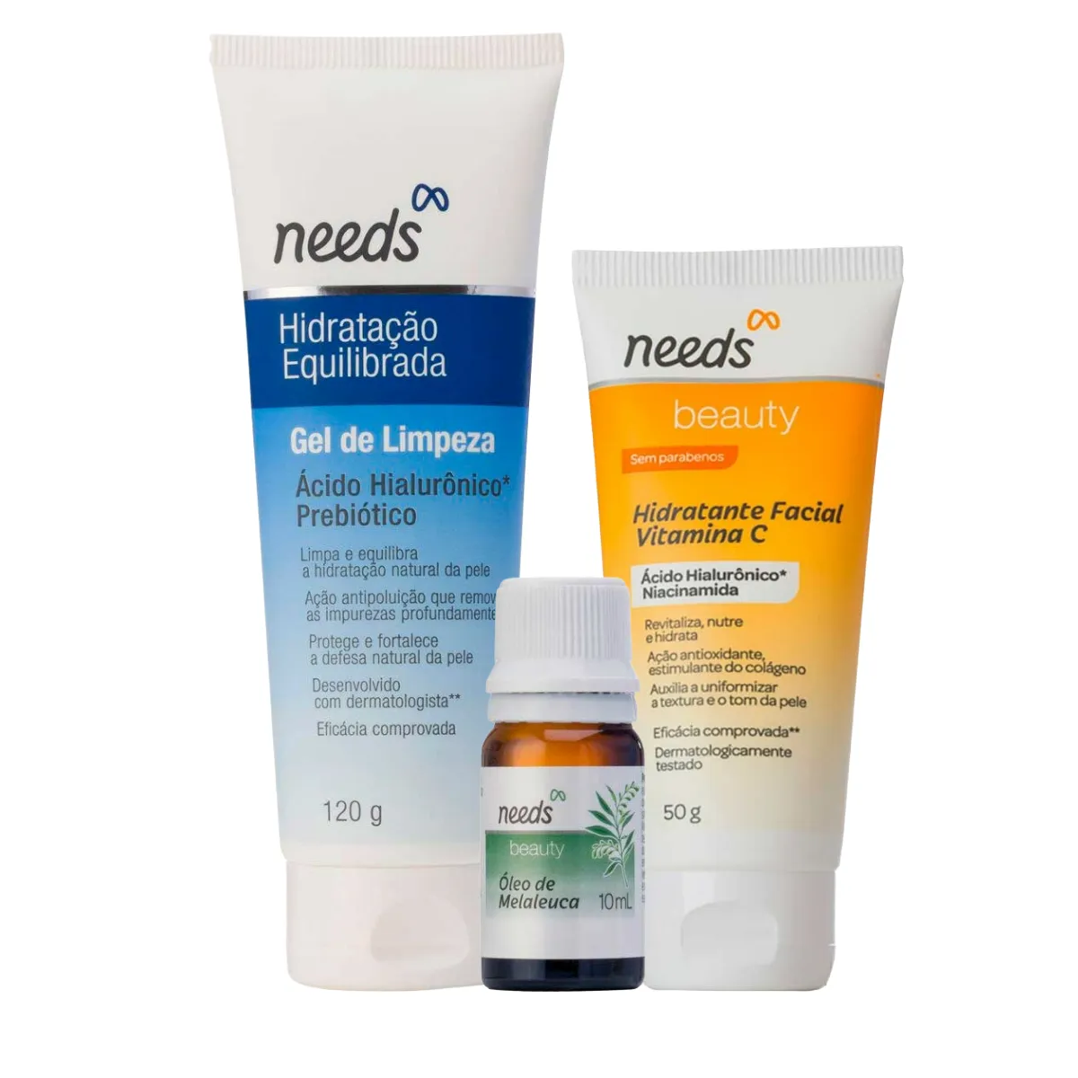 Kit Needs Facial Gel de Limpeza 120g + Hidratante Vitamina C 50g + Óleo de Melaleuca 10ml