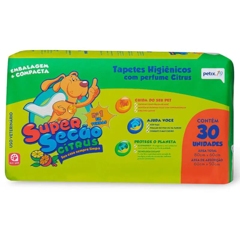 Tapete Higiênico Super Secão Citrus 30Un 80X60Cm para Cães
