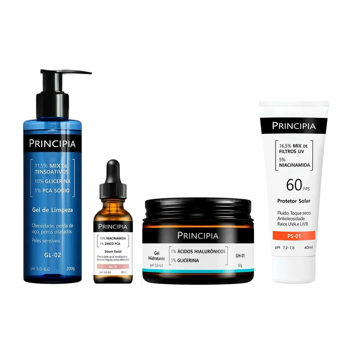 Kit Facial Principia Skincare Protetor Solar PS-01 FPS 60 40ml + Gel de Limpeza Suave GL-02 200g+ Sérum Anti-Idade NC-10 30ml + Gel Hidratante GH-01 50g