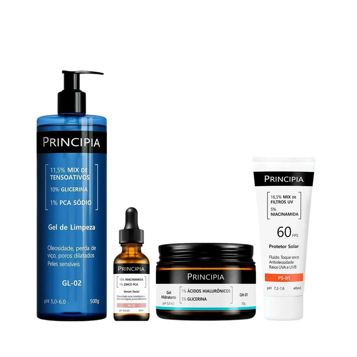 Kit Facial Principia Skincare Protetor Solar PS-01 FPS 60 40ml + Gel de Limpeza Suave GL-02 500g + Sérum Anti-Idade NC-10 30ml + Gel Hidratante GH-01 50g