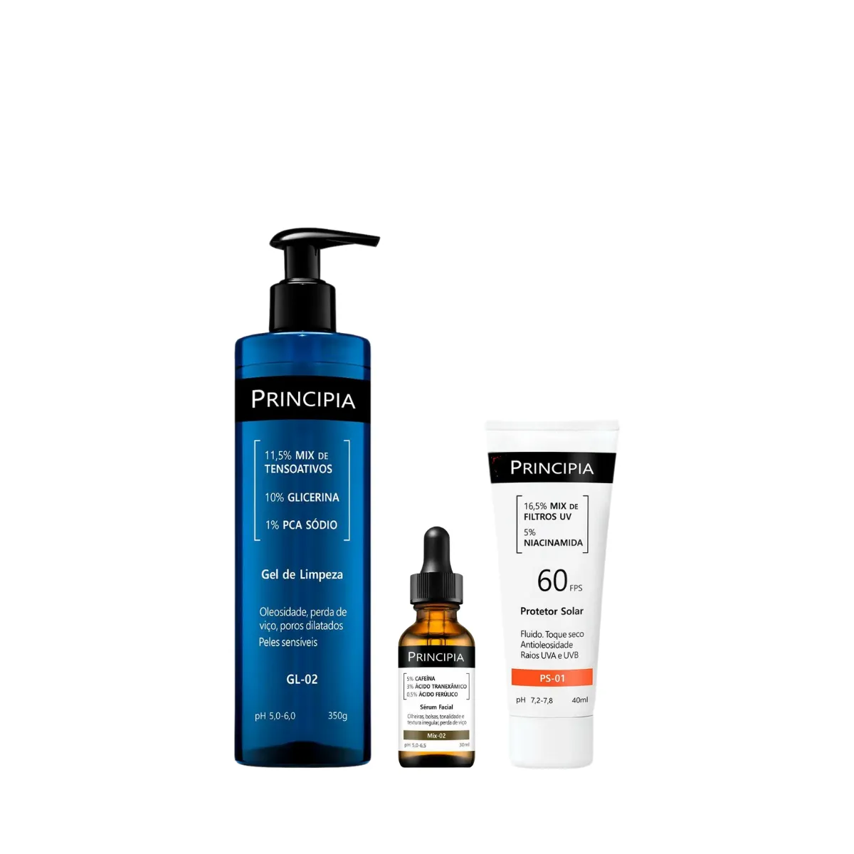 Kit Facial Principia Skincare Gel de Limpeza Suave GL-02 350ml + Protetor Solar PS-01 FPS 60 40ml + Sérum Anti-Idade Mix-02 30ml