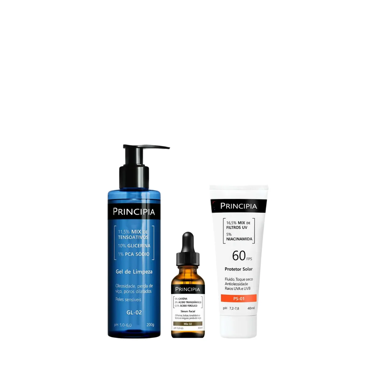 Kit Facial Principia Skincare Gel de Limpeza Suave GL-02 200ml + Protetor Solar PS-01 FPS 60 40ml + Sérum Anti-Idade Mix-02 30ml