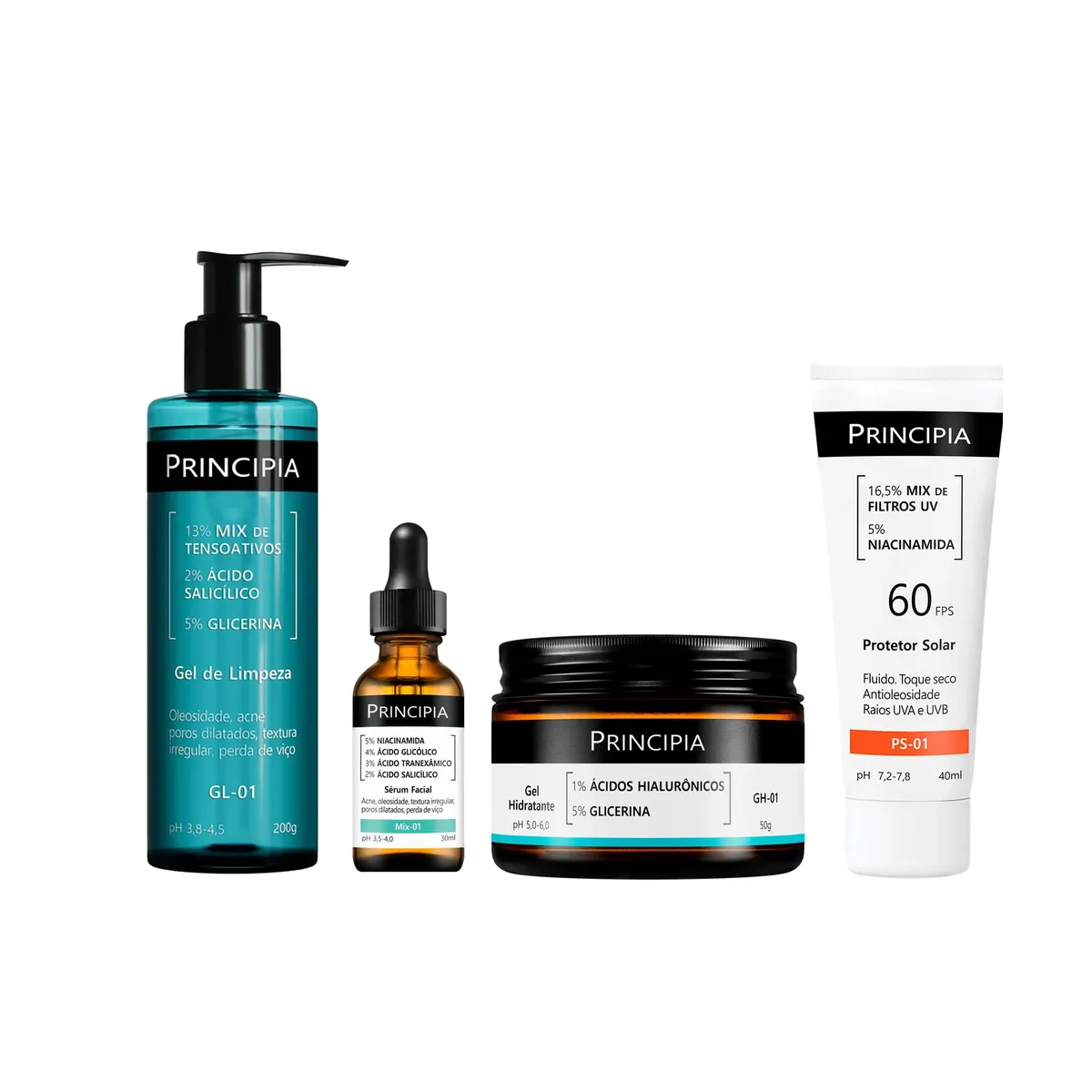 Kit Facial Principia Skincare Gel de Limpeza GL-01 200ml + Sérum Renovador Antiacne Mix-01 30ml + Gel Hidratante GH-01 50g + Protetor Solar PS-01 FPS 60 40ml