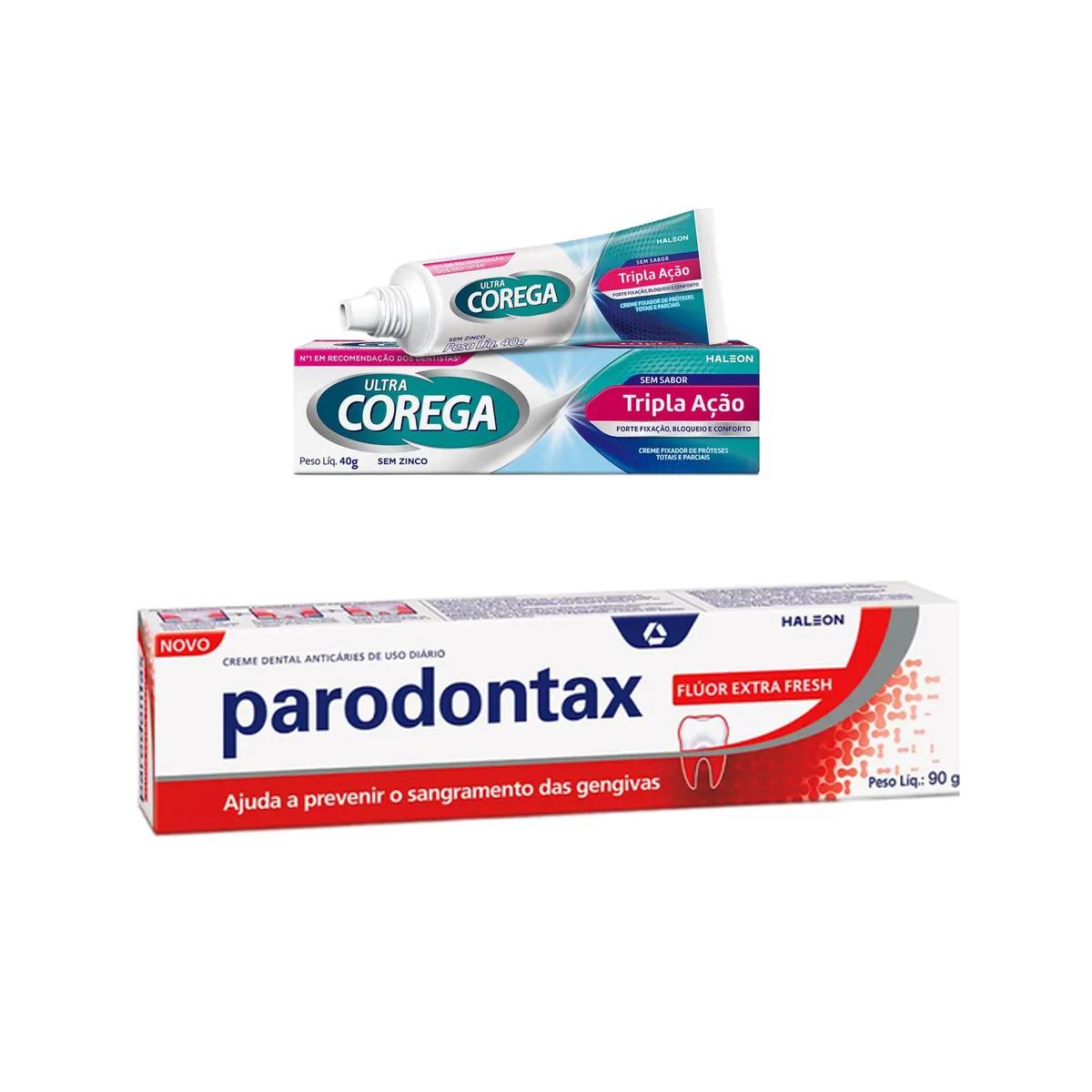 Kit Creme Fixador de Dentadura Ultra Corega Tripla Ação Sem Sabor 40g + Creme Dental Parodontax Flúor Extra Fresh 90g