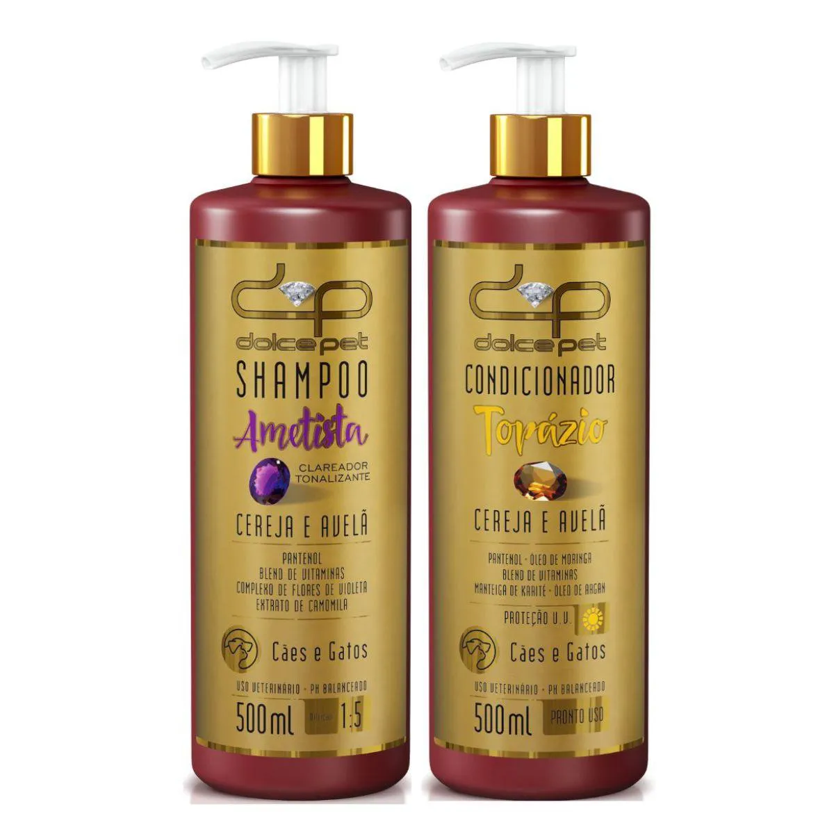 Kit Dolce Pet Shampoo Clareador Tonalizante + Condicionador Topázio Cereja e Avelã para Cães e Gatos 500Ml