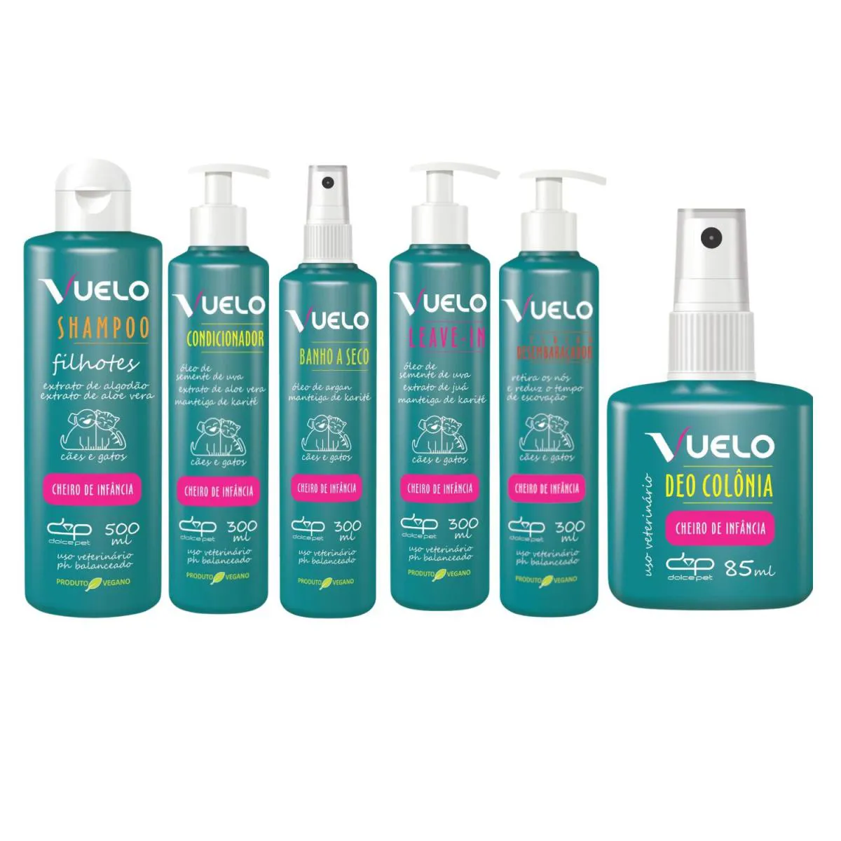 Kit Dolce Pet Shampoo Filhotes + Condicionador + Banho Á Seco + Leave-In + Fluido + Colônia Cheiro de Infância