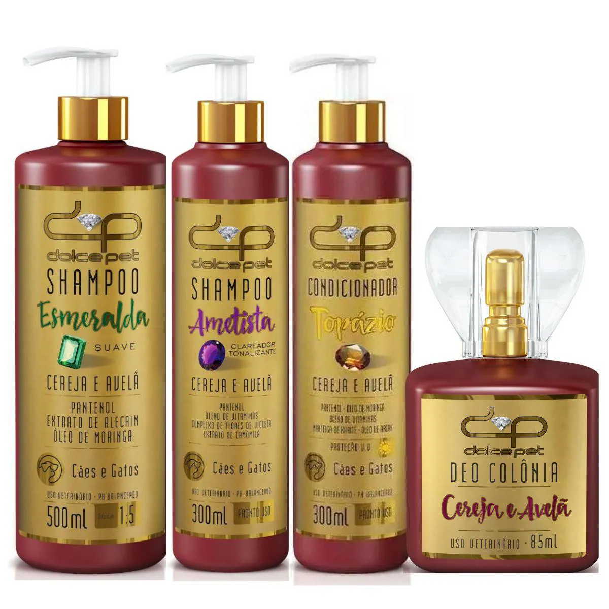 Kit Dolce Pet Shampoo Suave + Clareador Tonalizante + Condicionador Topázio + Deo Colônia Cereja e Avelã P/ Cães e Gatos