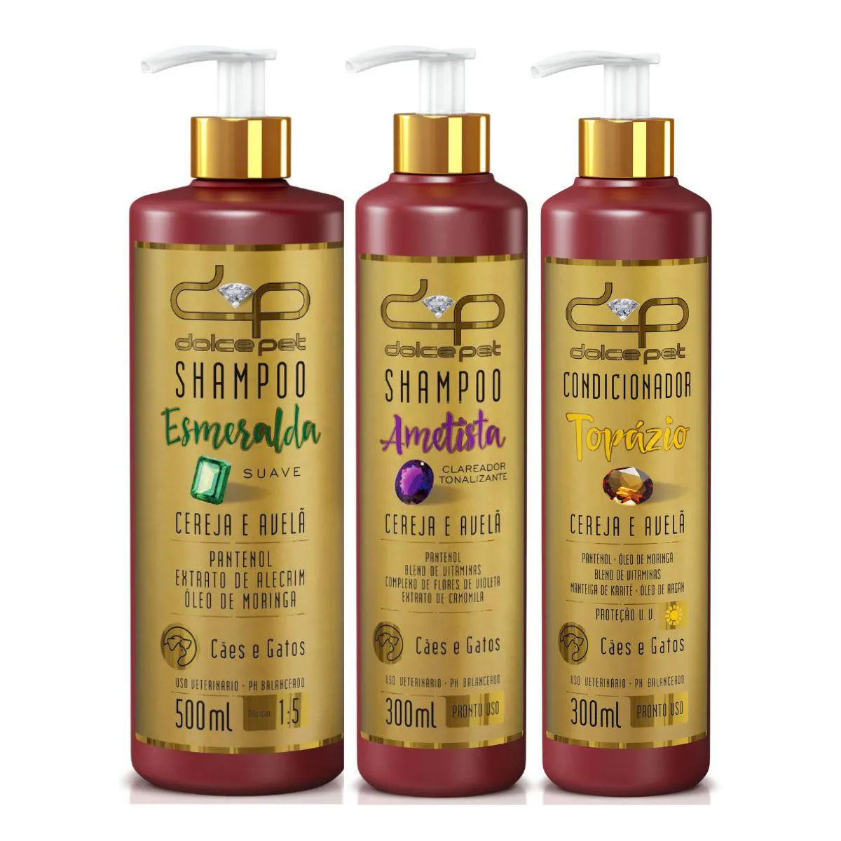 Kit Dolce Pet Shampoo Suave + Shampoo Clareador Tonalizante + Condicionador Topázio Cereja e Avelã para Cães e Gatos