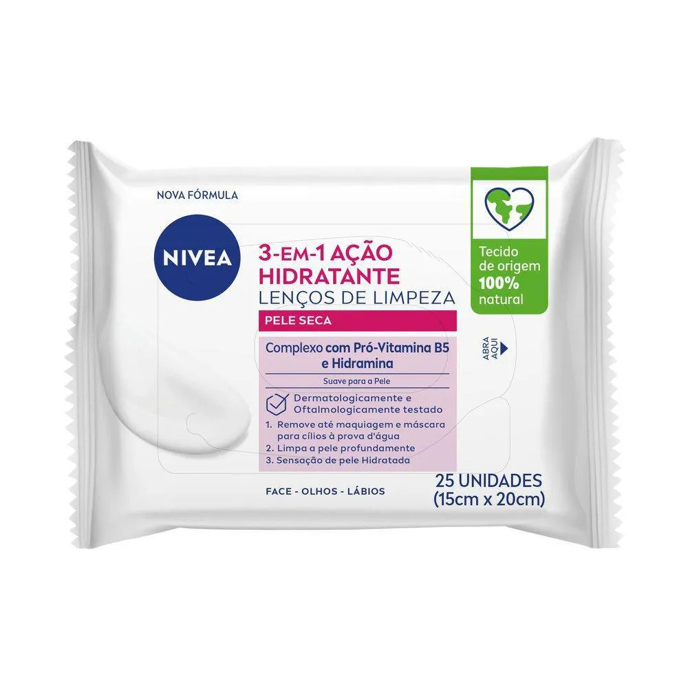 Lenços de Limpeza Facial Nivea Ação Hidratante 3 em 1 25Un
