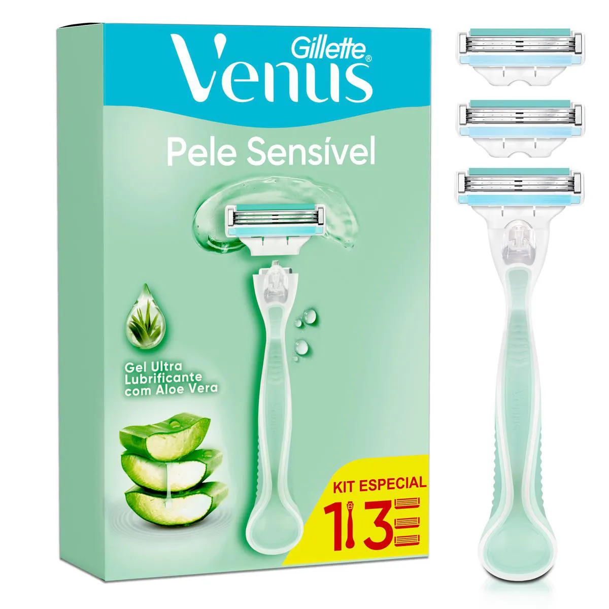 Kit Aparelho de Depilar Gillette Vênus Pele Sensível com Aloe e Vera 1 unidade + Carga 3 Unidades