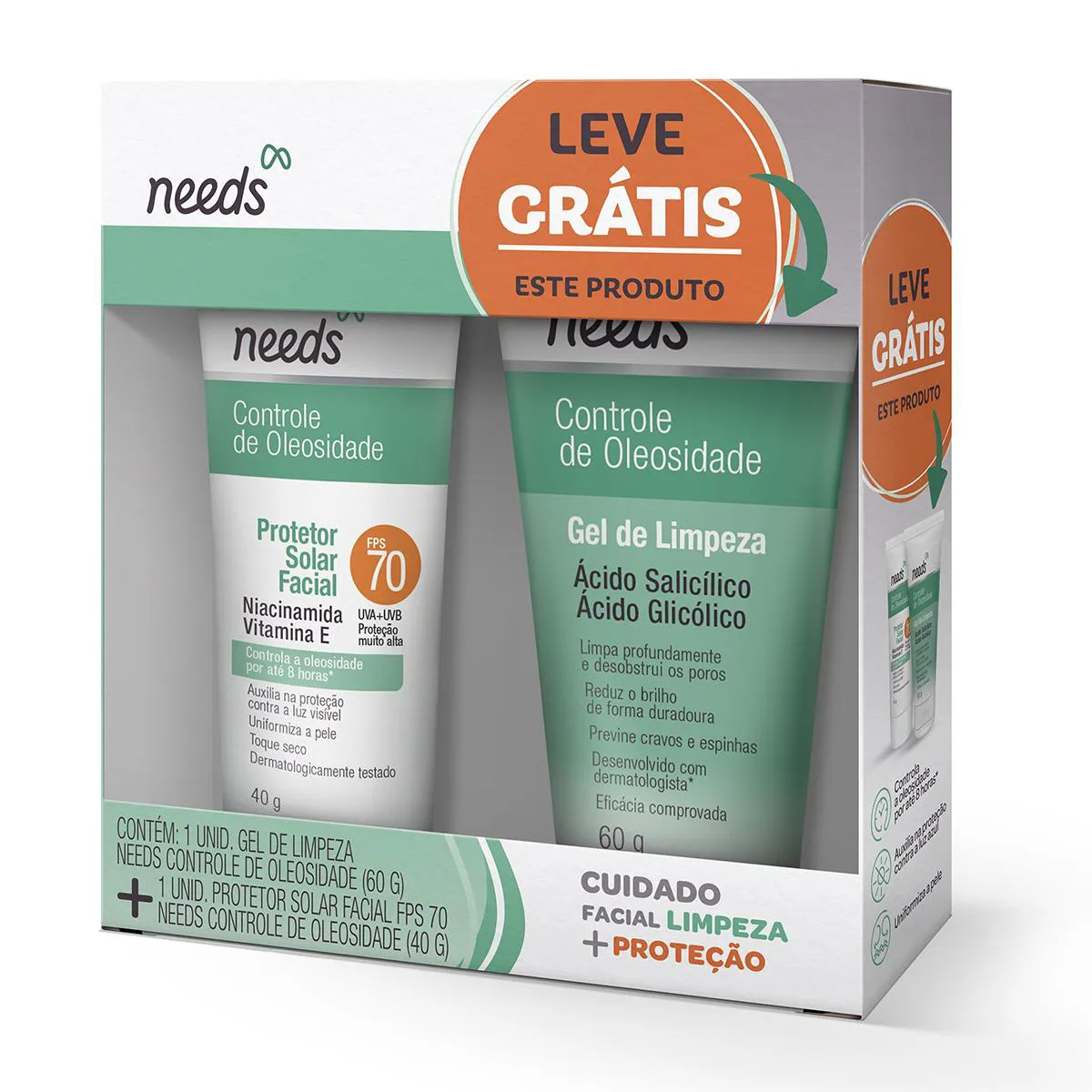 Kit Facial Needs Protetor Solar FPS 70 40g + Gel de Limpeza 60g