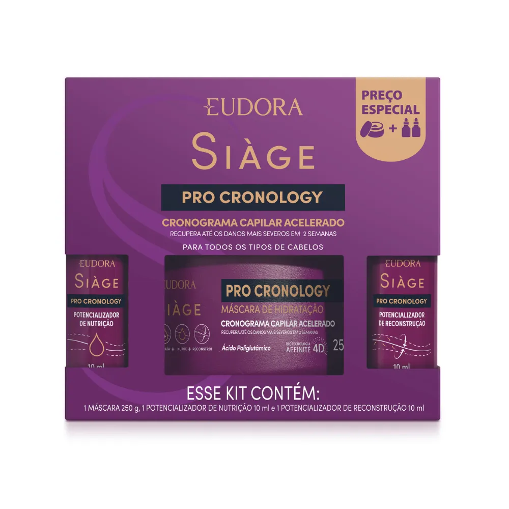 Kit Siàge Pro Cronology Máscara de Hidratação 250g + Potencializador de Nutrição 10ml + Potencializador de Reconstrução 10ml