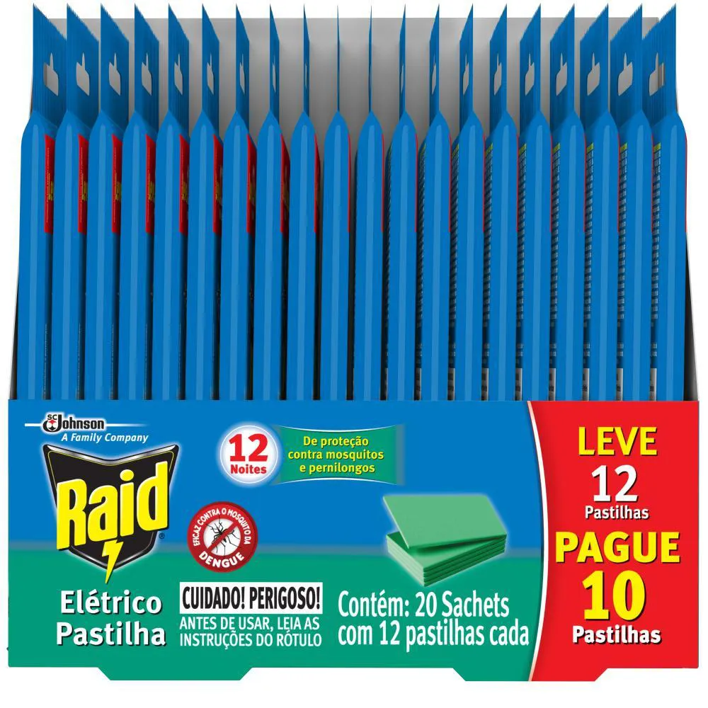 Repelente Elétrico Raid Pastilha 12 Noites Óleo de Eucalipto Leve 12 Pague 10 unidades Refil