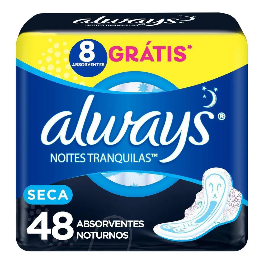 Absorvente Noturno Always Noites Tranquilas Cobertura Seca com Abas Leve 48 Pague 40