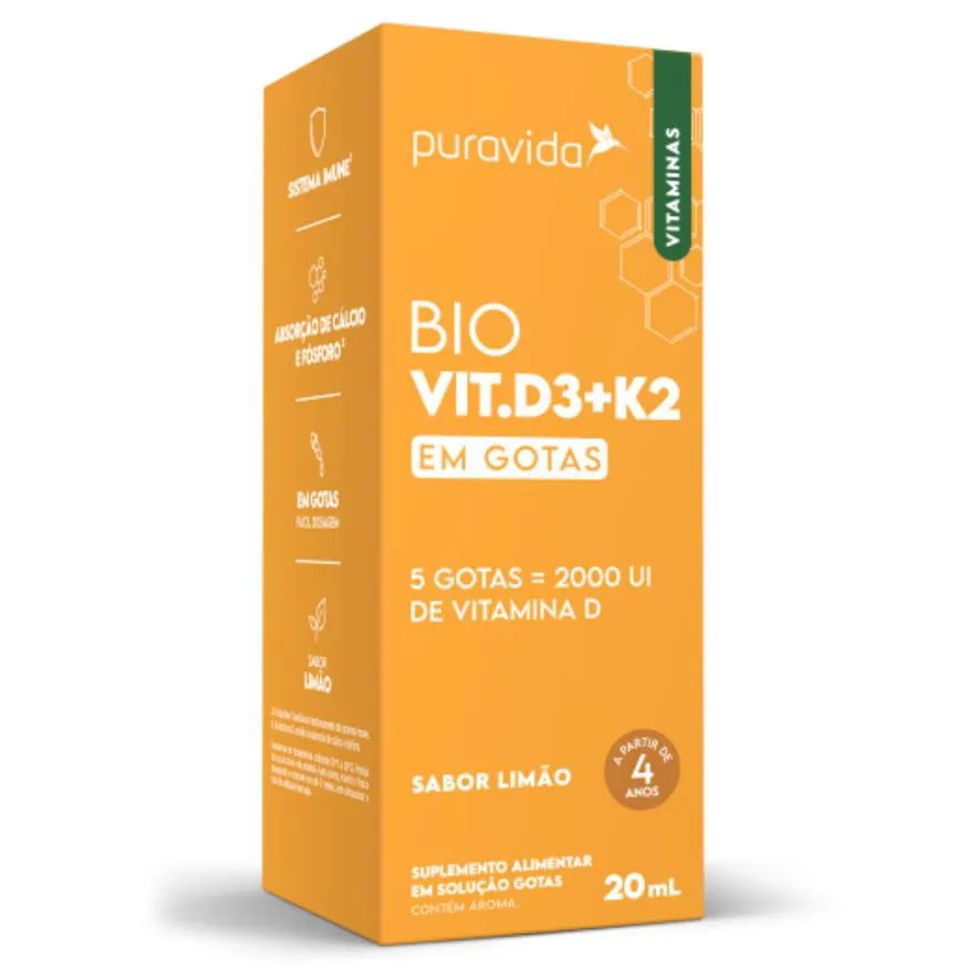 Bio Vitamina D3 + K2 Pura Vida em Gotas 20ml – Vit D Sabor Limão