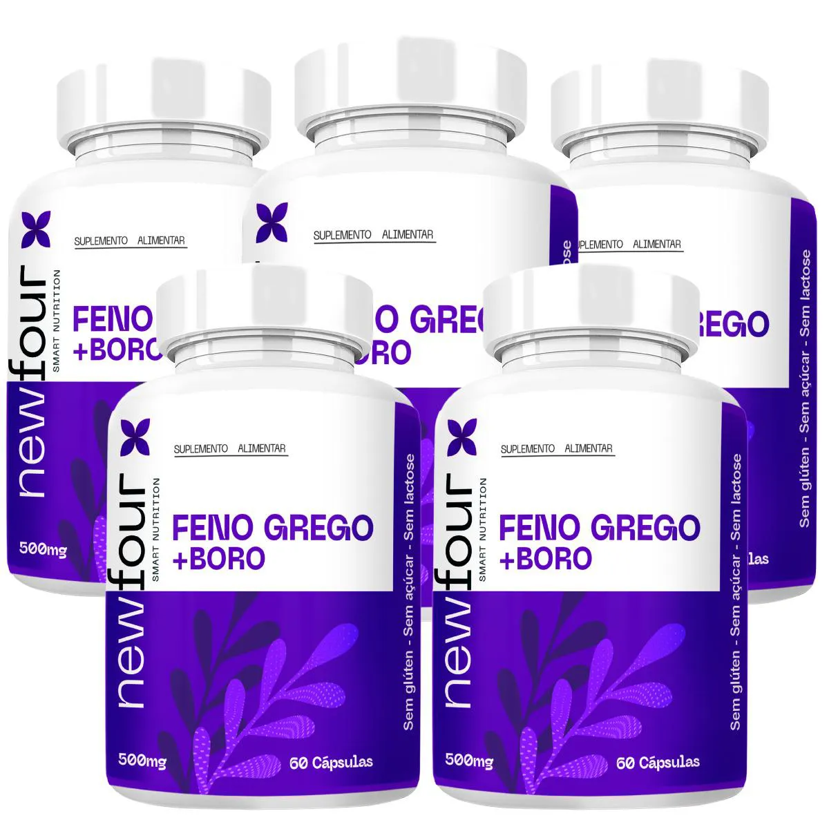 Feno Grego + Boro Kit com 5 Potes com Total de 300 Capsulas
