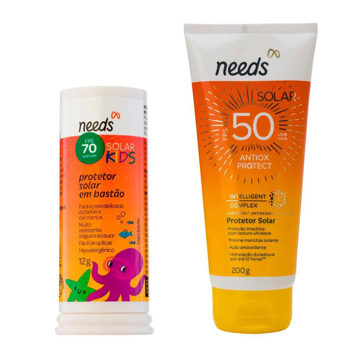 Kit Protetor Solar Needs Corporal FPS 50 Antiox Protect 200g + Infantil FPS 70 Kids Bastão 12g