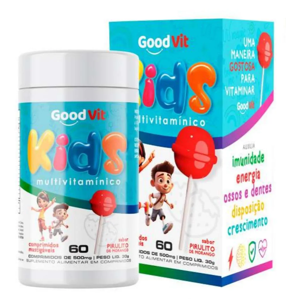 Multivitamínico Kids 60 Comprimidos Mastigáveis 500Mg Good Vit com Sabor Pirulito de Morango