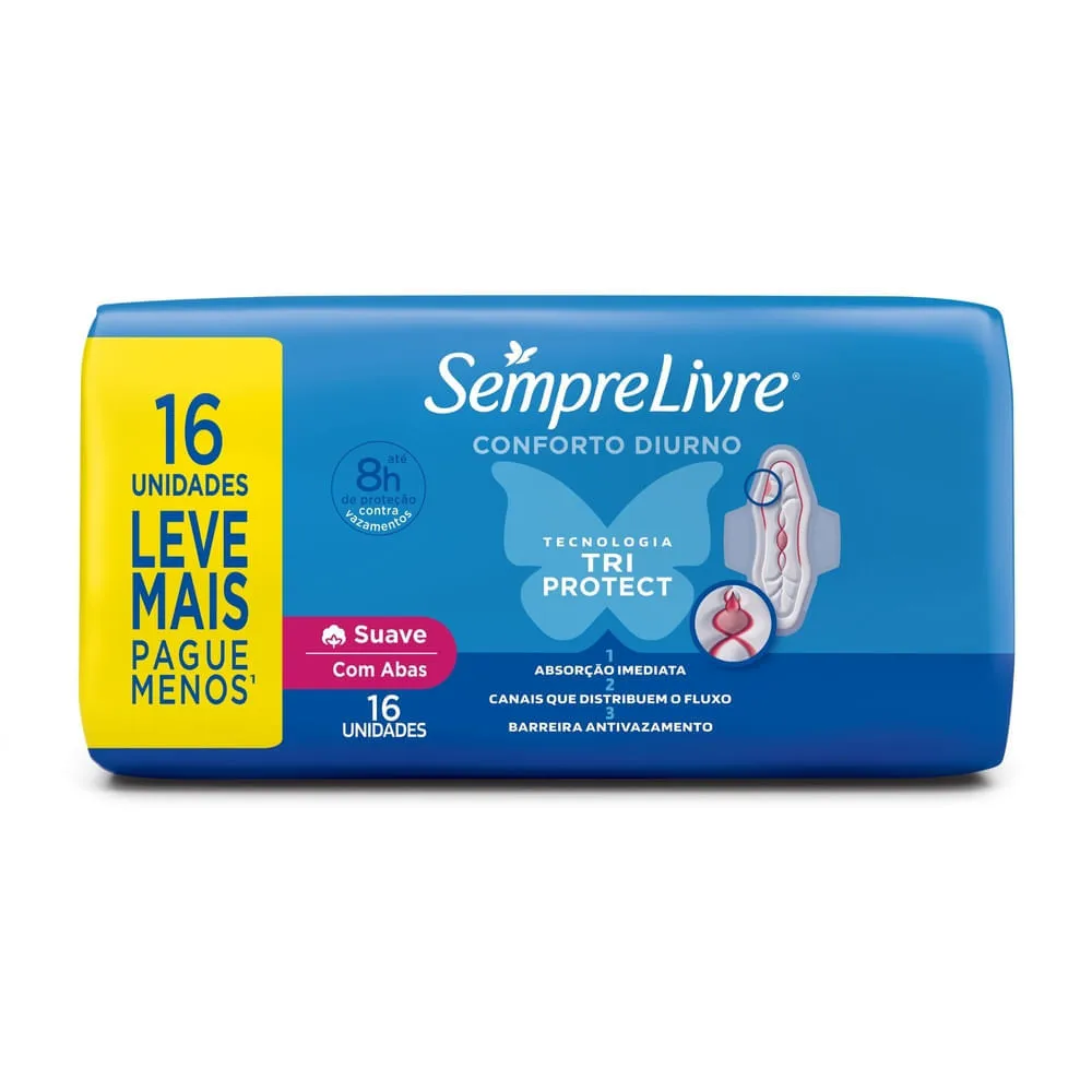 Absorvente Sempre Livre Conforto Diurno Cobertura Suave Com Abas 16  Unidades