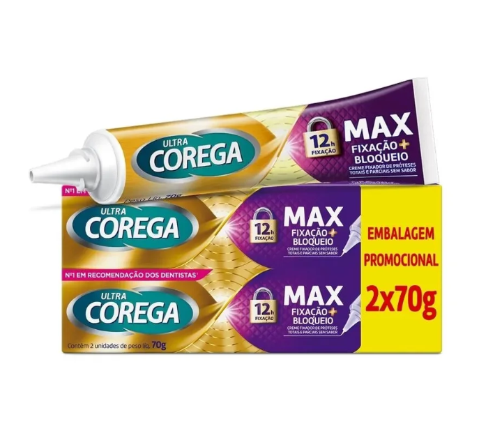 Creme Fixador De Dentadura Ultra Corega Max Fixação E Bloqueio 2 Unidades 70g Cada