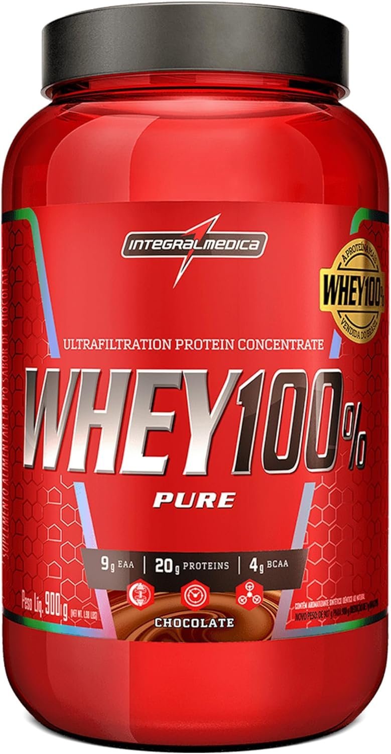 Whey Protein Concentrado Chocolate 100% Pure – 21g de Proteína por Scoop, Suplementação Alimentar Pós-Treino, Fórmula Enriquecida com BCAAs – Pote 900